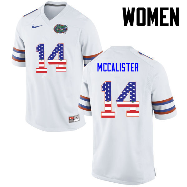 Women Florida Gators #14 Alex McCalister College Football USA Flag Fashion Jerseys-White
